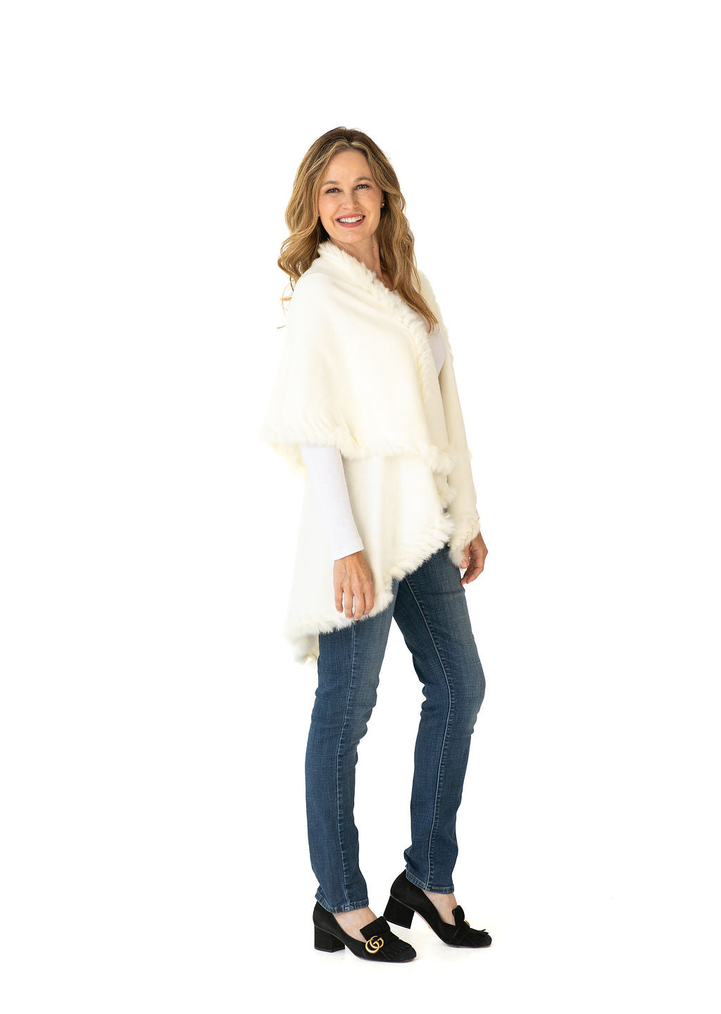 Shawl in Cream with Fur Trim