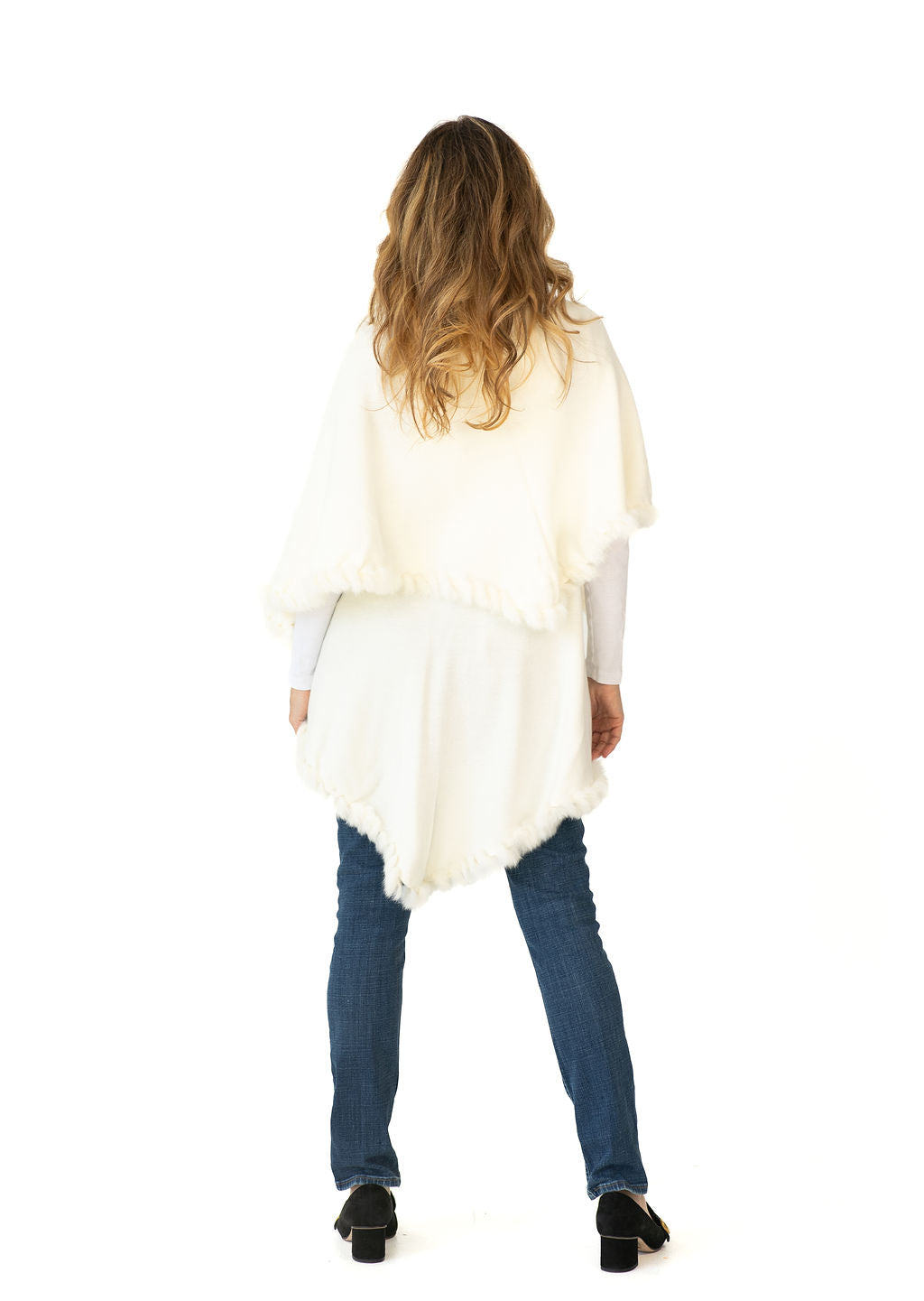 Shawl in Cream with Fur Trim