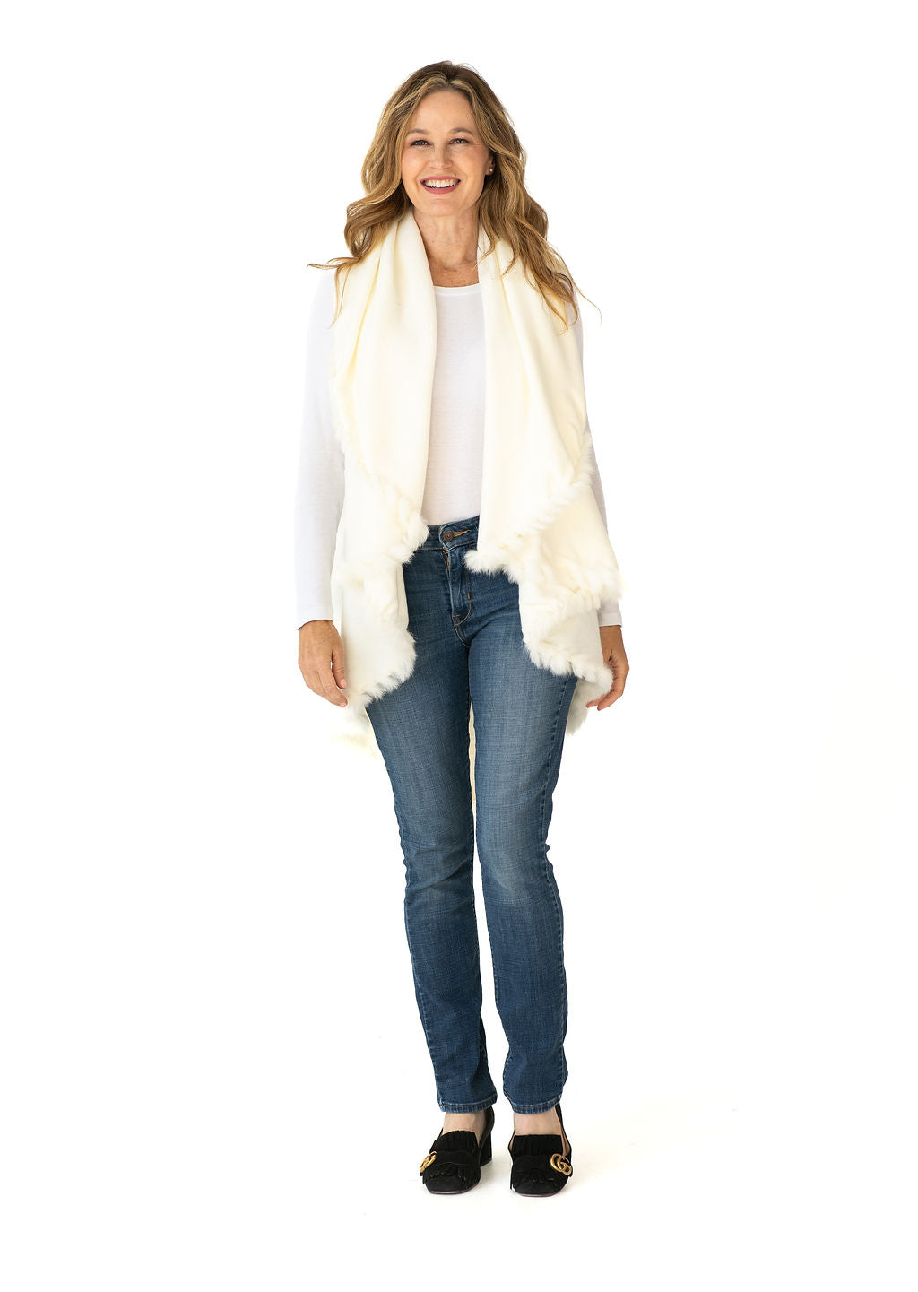 Shawl in Cream with Fur Trim