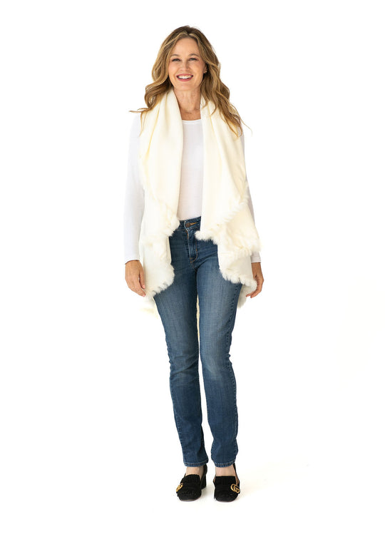 Shawl Sweater Vest in Cream with Fur Trim