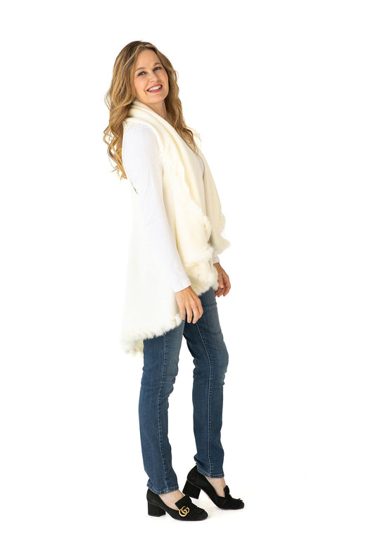 Shawl Sweater Vest in Cream with Fur Trim