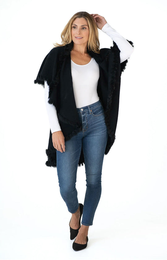 Shawl Sweater Vest in Black with Fur Trim