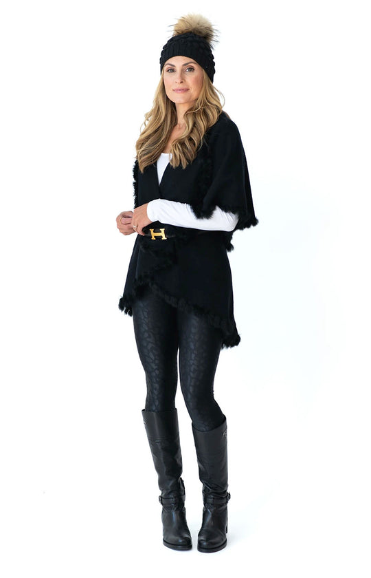 Shawl Sweater Vest in Black with Fur Trim