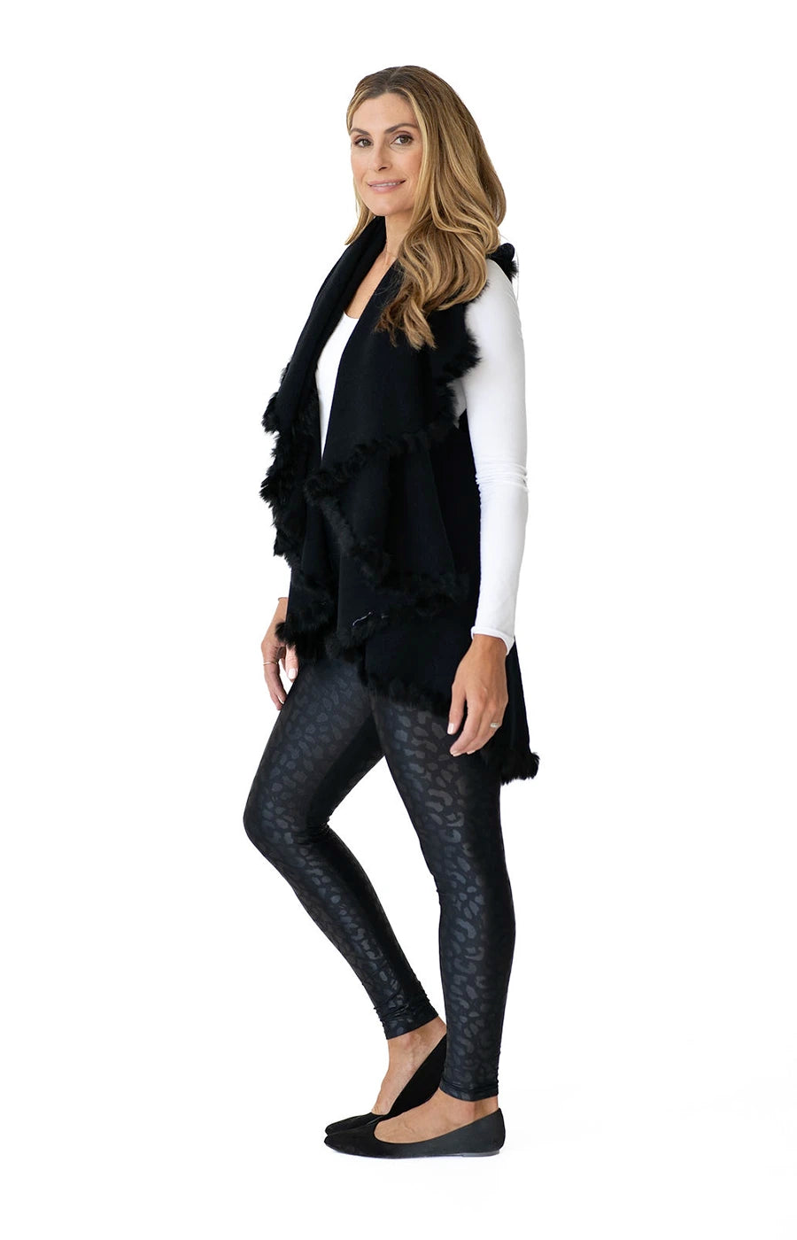 Shawl Sweater Vest in Black with Fur Trim