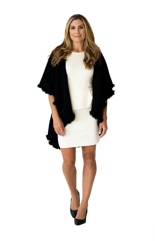 Shawl in Black with Fur Trim