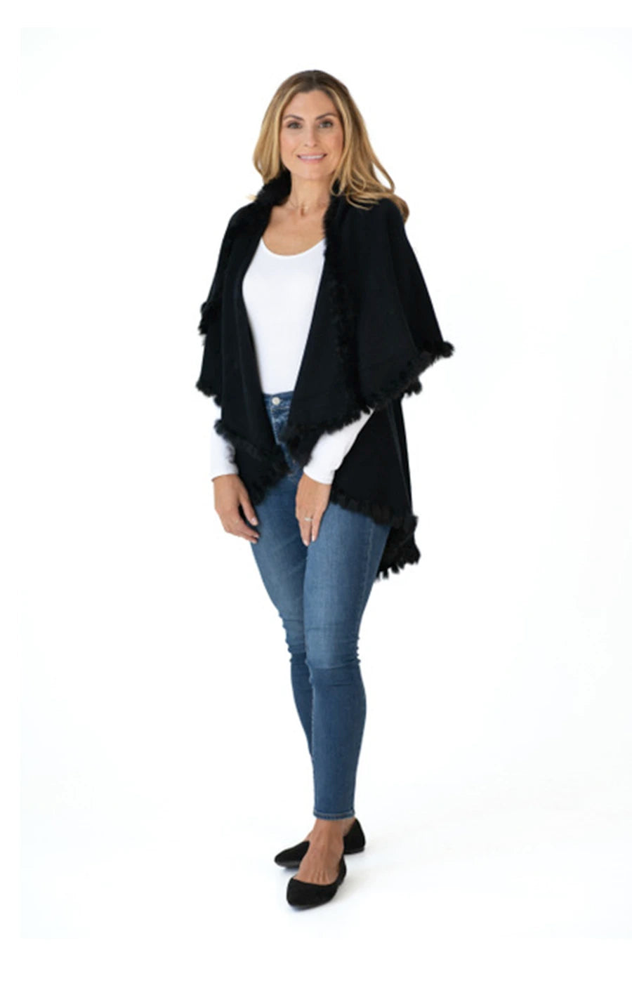 Shawl Sweater Vest in Black with Fur Trim