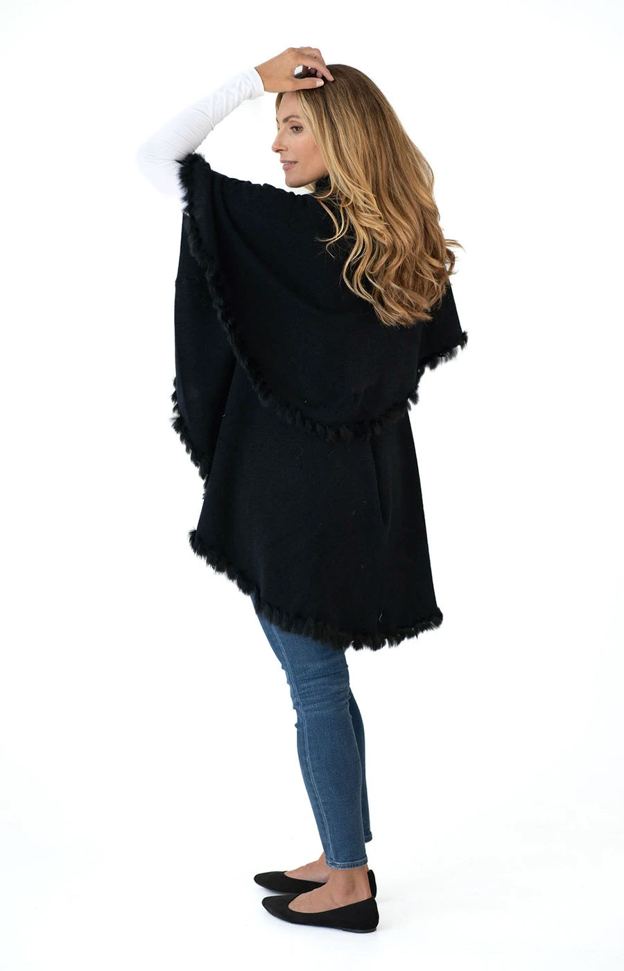 Shawl Sweater Vest in Black with Fur Trim