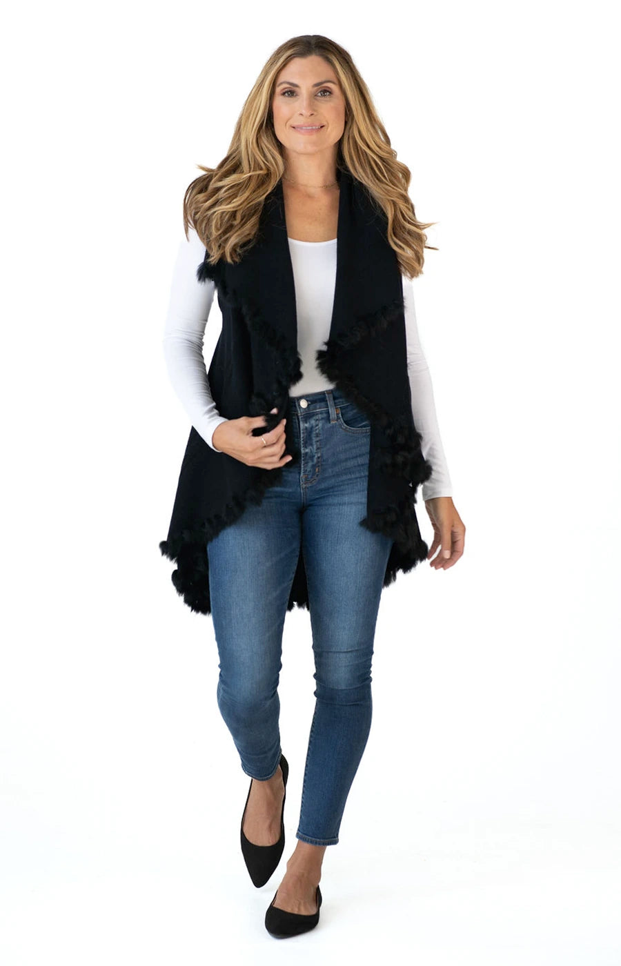 Shawl Sweater Vest in Black with Fur Trim