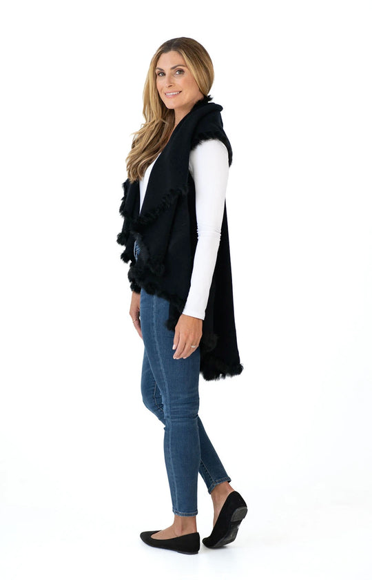 Shawl Sweater Vest in Black with Fur Trim