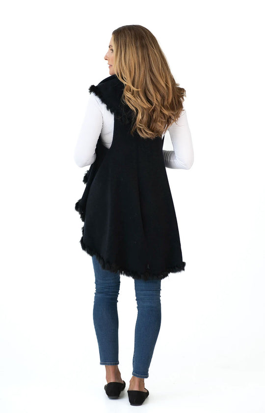 Shawl Sweater Vest in Black with Fur Trim