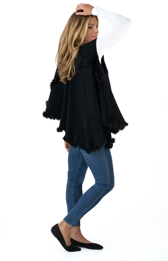 Shawl in Black with Fur Trim