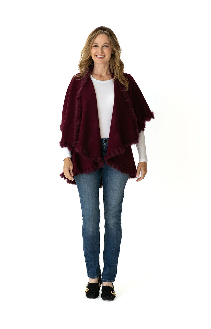 Shawl Sweater Vest in Burgundy with Fur Trim