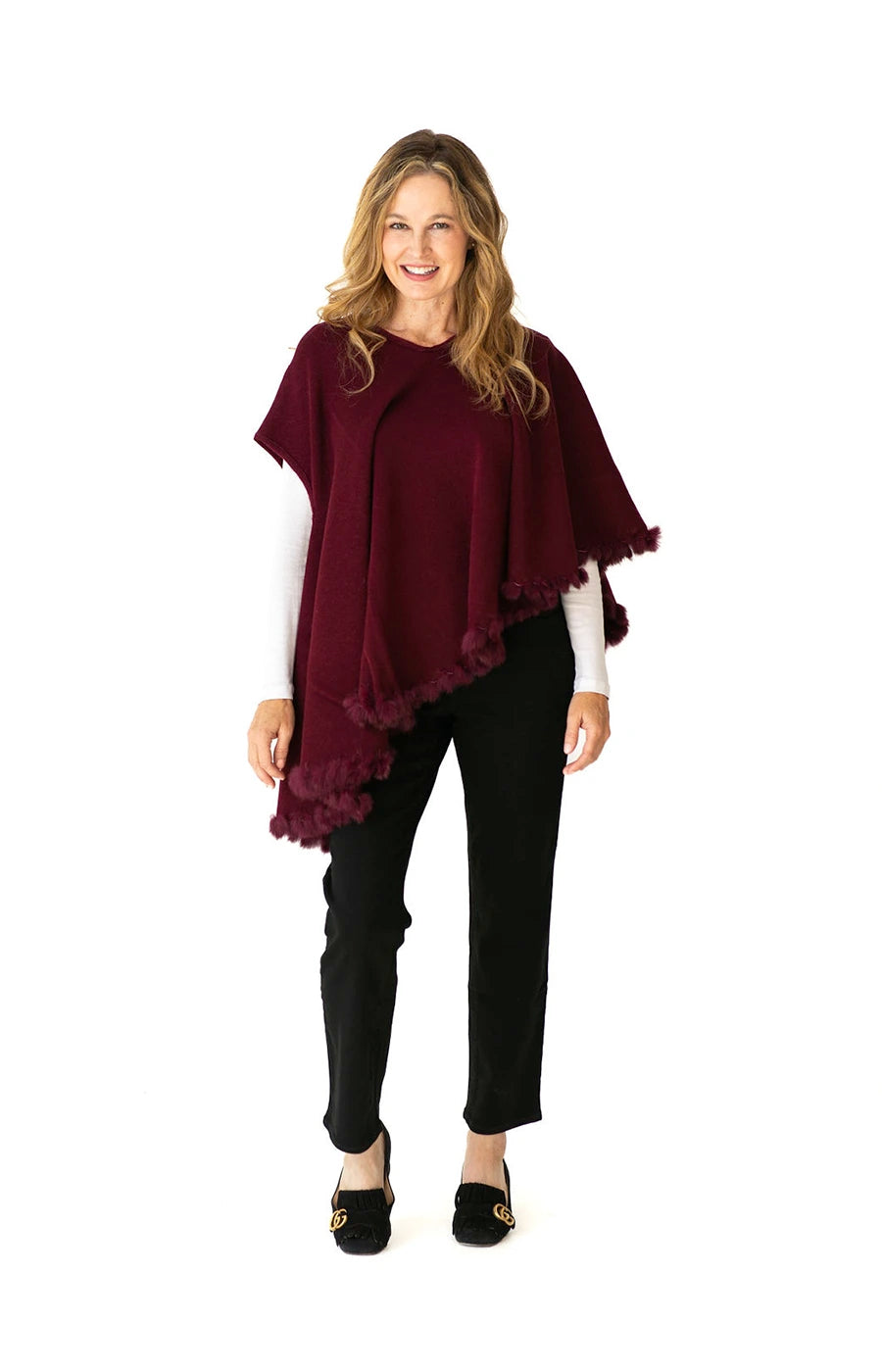 Shawl in Burgundy with Fur Trim