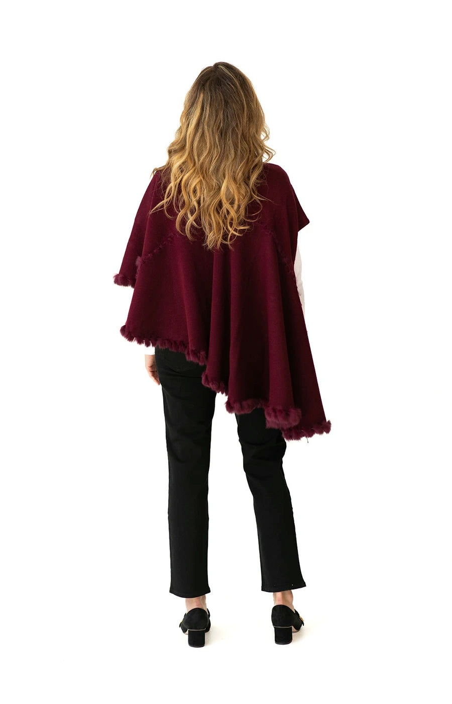 Shawl Sweater Vest in Burgundy with Fur Trim