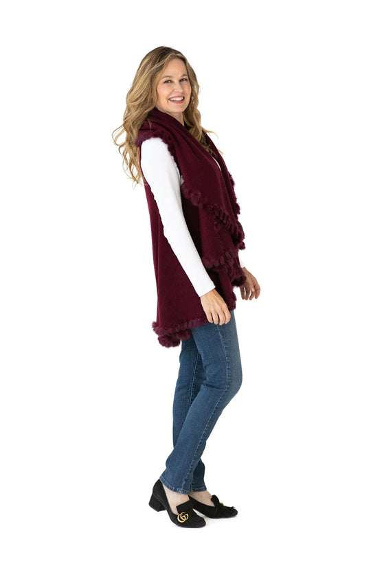 Shawl Sweater Vest in Burgundy with Fur Trim