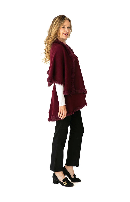 Shawl in Burgundy with Fur Trim