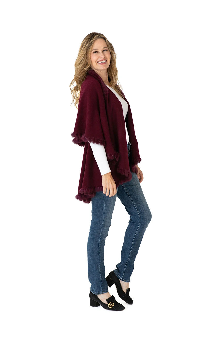 Shawl Sweater Vest in Burgundy with Fur Trim