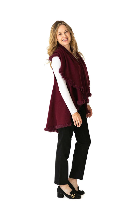 Shawl Sweater Vest in Burgundy with Fur Trim