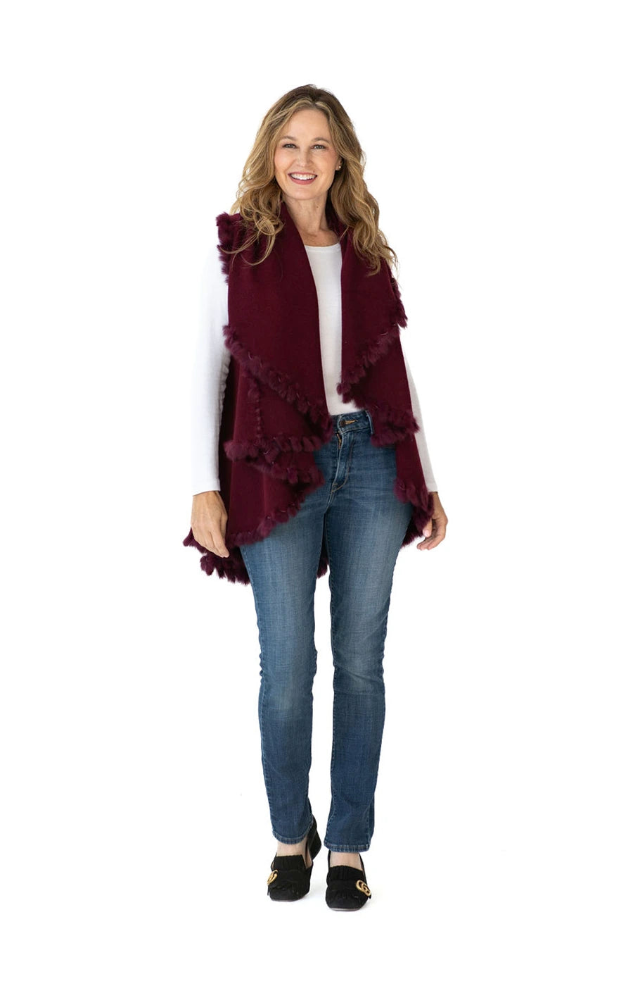 Shawl Sweater Vest in Burgundy with Fur Trim