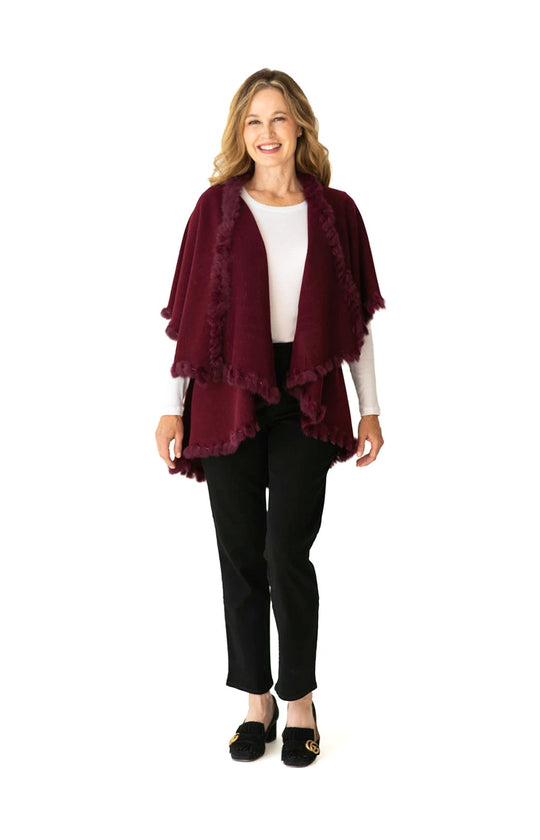 Shawl Sweater Vest in Burgundy with Fur Trim