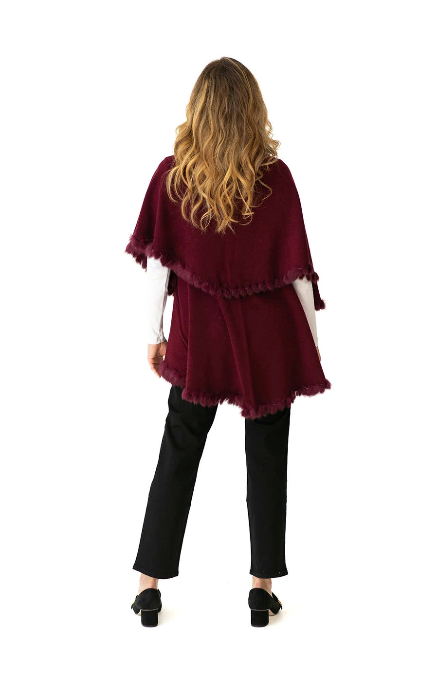 Shawl Sweater Vest in Burgundy with Fur Trim