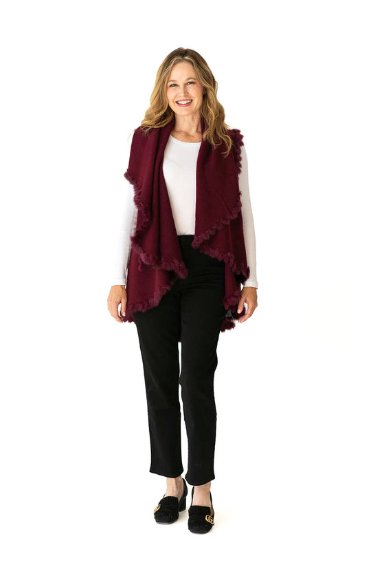 Shawl Sweater Vest in Burgundy with Fur Trim