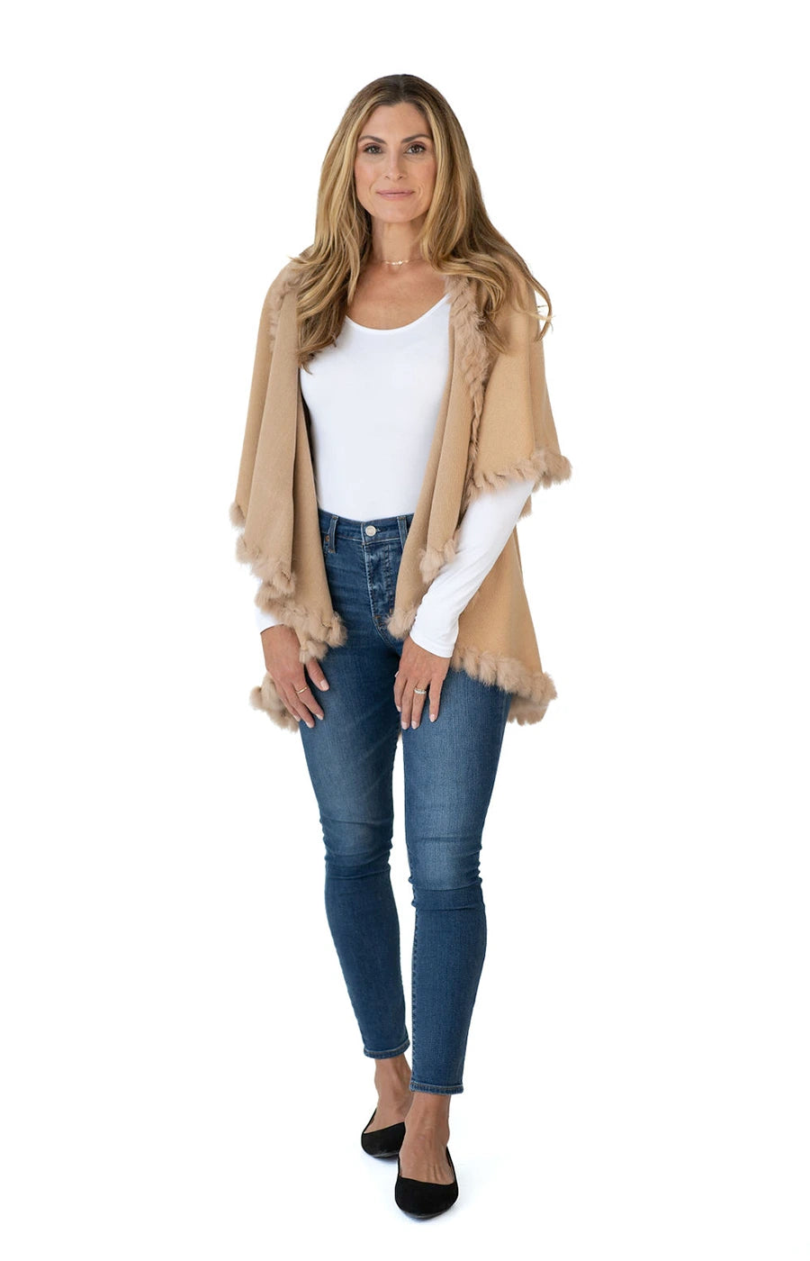 Shawl in Camel with Fur Trim