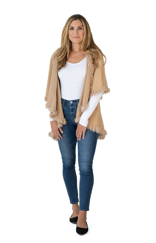 Shawl in Camel with Fur Trim