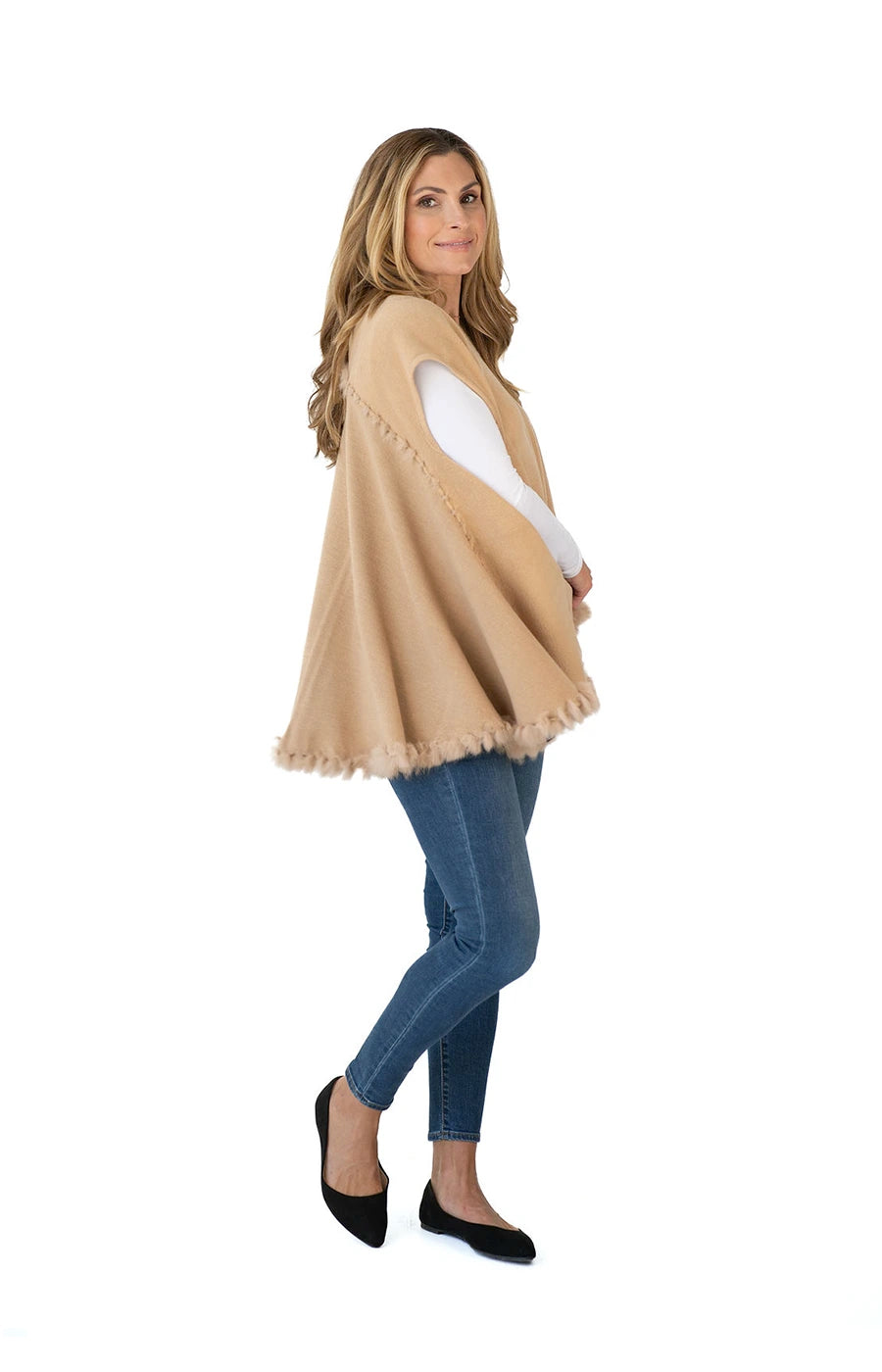 Shawl in Camel with Fur Trim