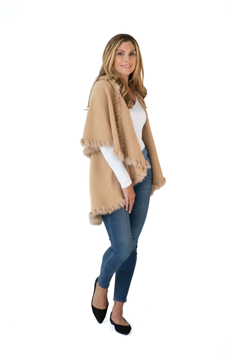 Shawl Sweater Vest in Camel with Fur Trim-Customer Favorite Shawls For Over 10 Years