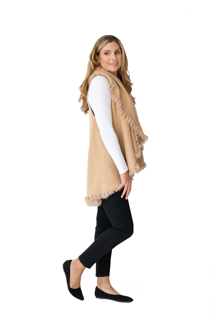 Shawl Sweater Vest in Camel with Fur Trim-Customer Favorite Shawls For Over 10 Years
