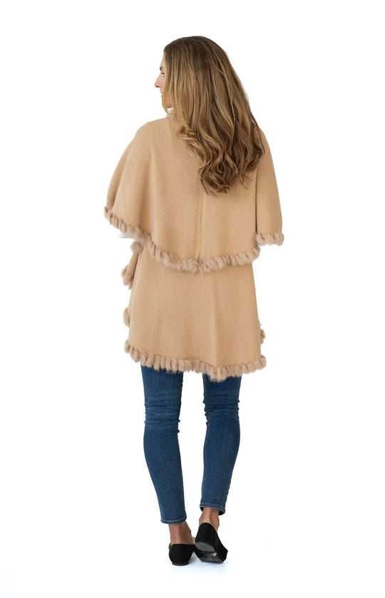Shawl in Camel with Fur Trim