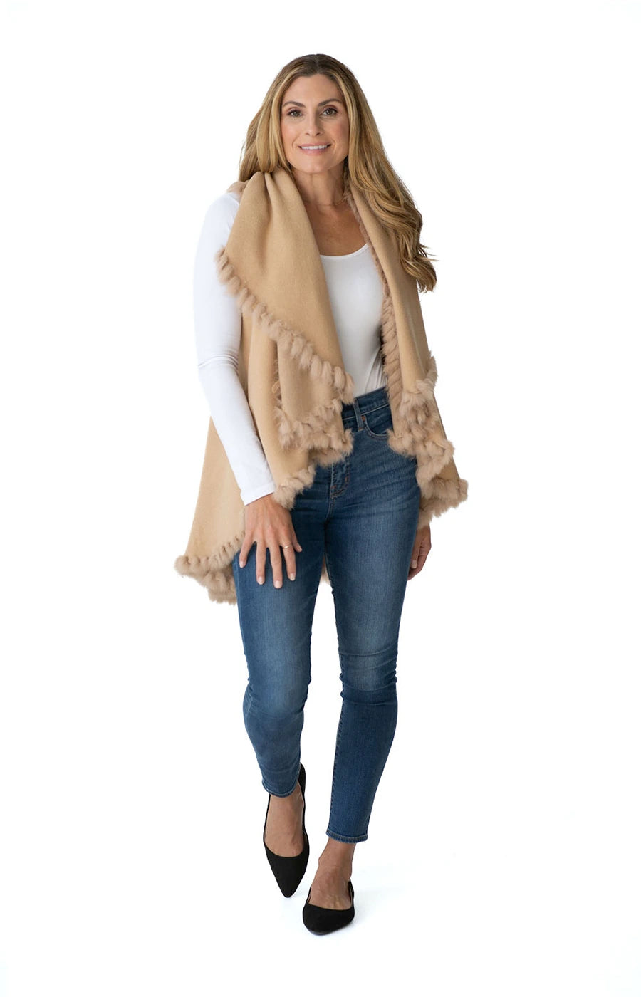 Shawl Sweater Vest in Camel with Fur Trim-Customer Favorite Shawls For Over 10 Years