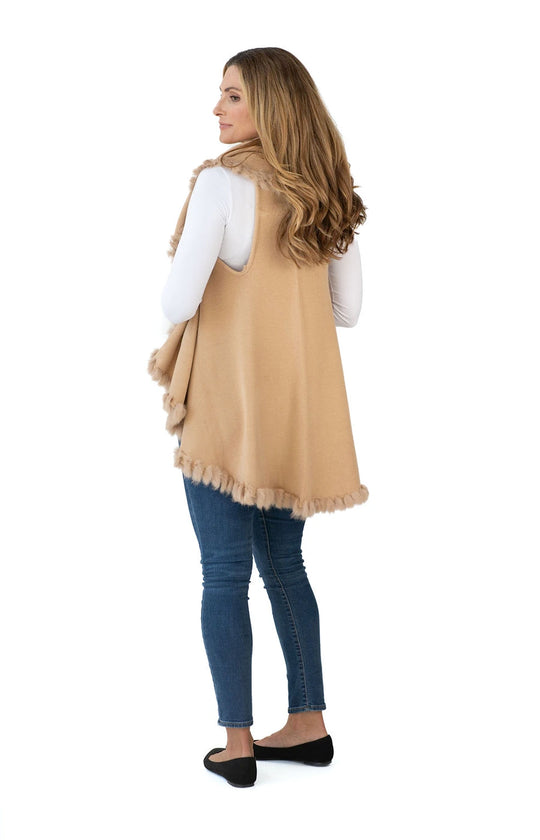 Shawl in Camel with Fur Trim