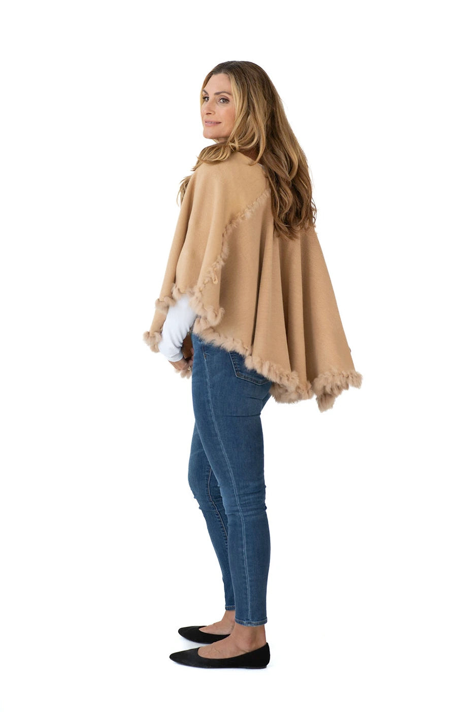 Shawl in Camel with Fur Trim
