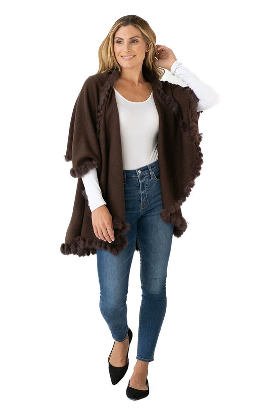 Shawl in Chocolate Brown with Fur Trim