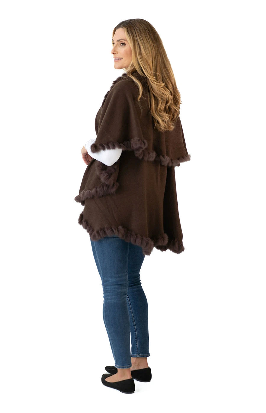 Shawl in Chocolate Brown with Fur Trim