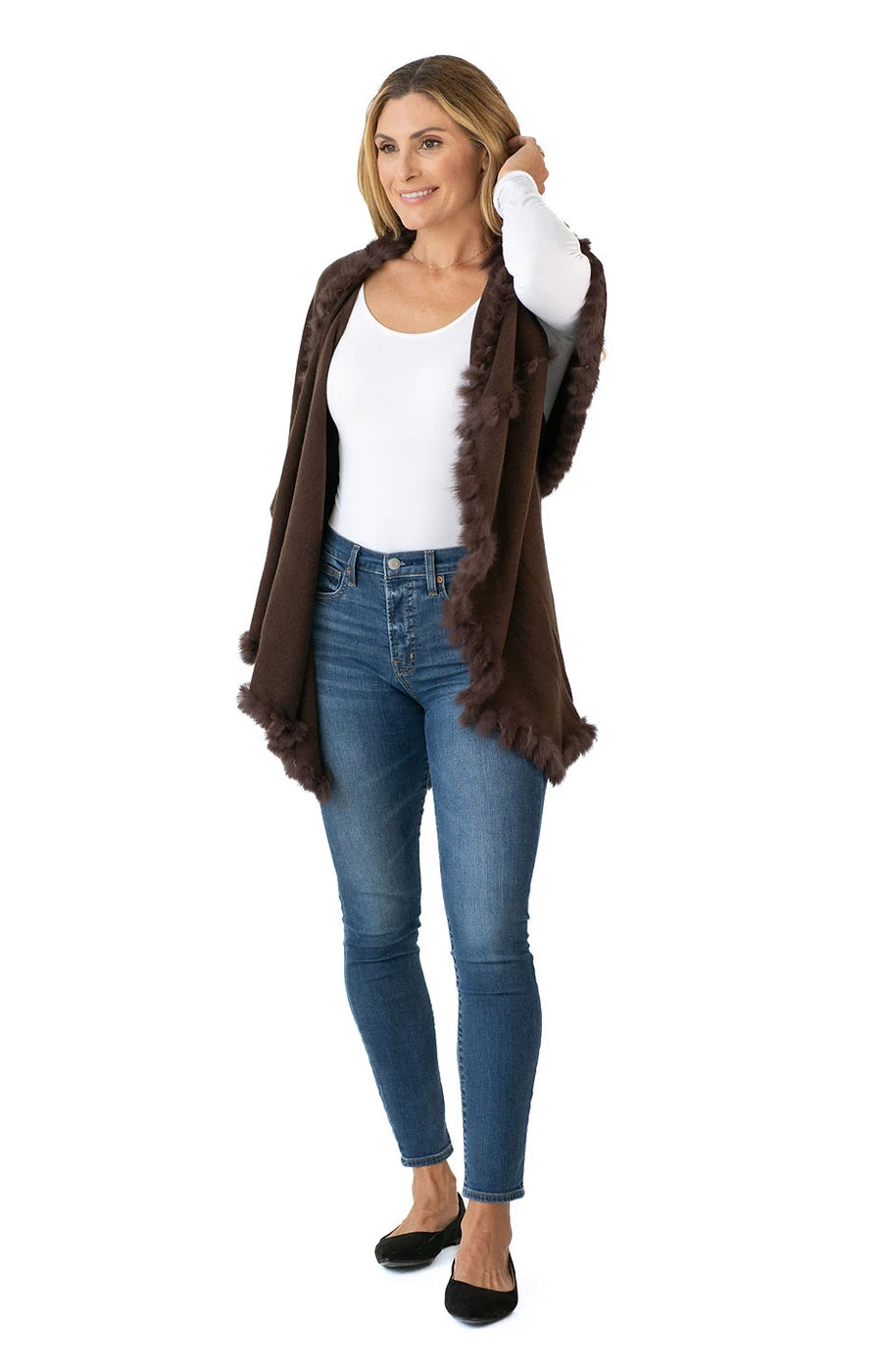 Shawl in Chocolate Brown with Fur Trim