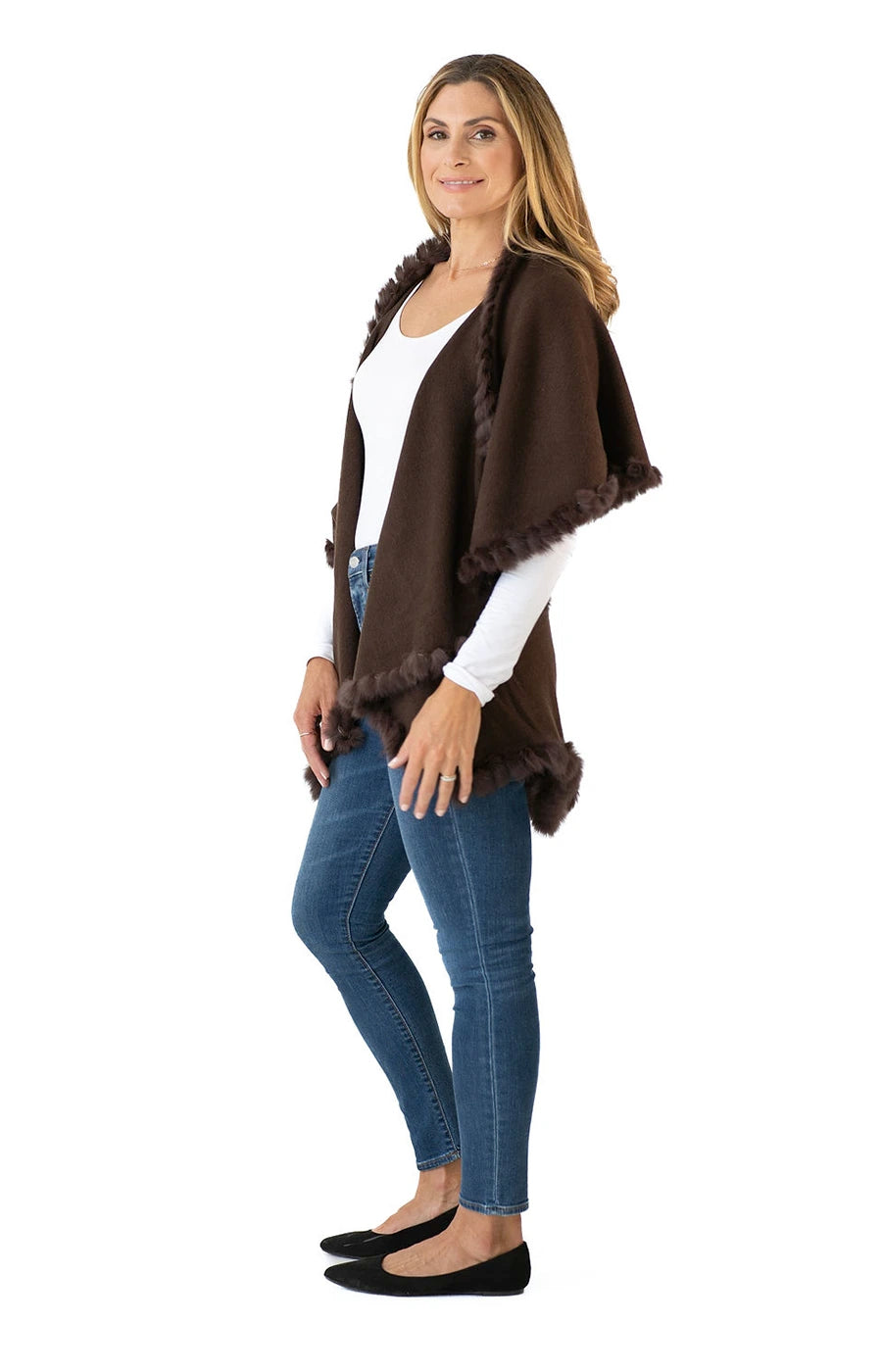 Shawl in Chocolate Brown with Fur Trim