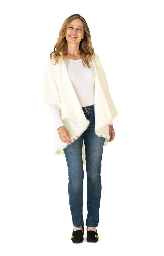 Shawl Sweater Vest in Cream with Fur Trim