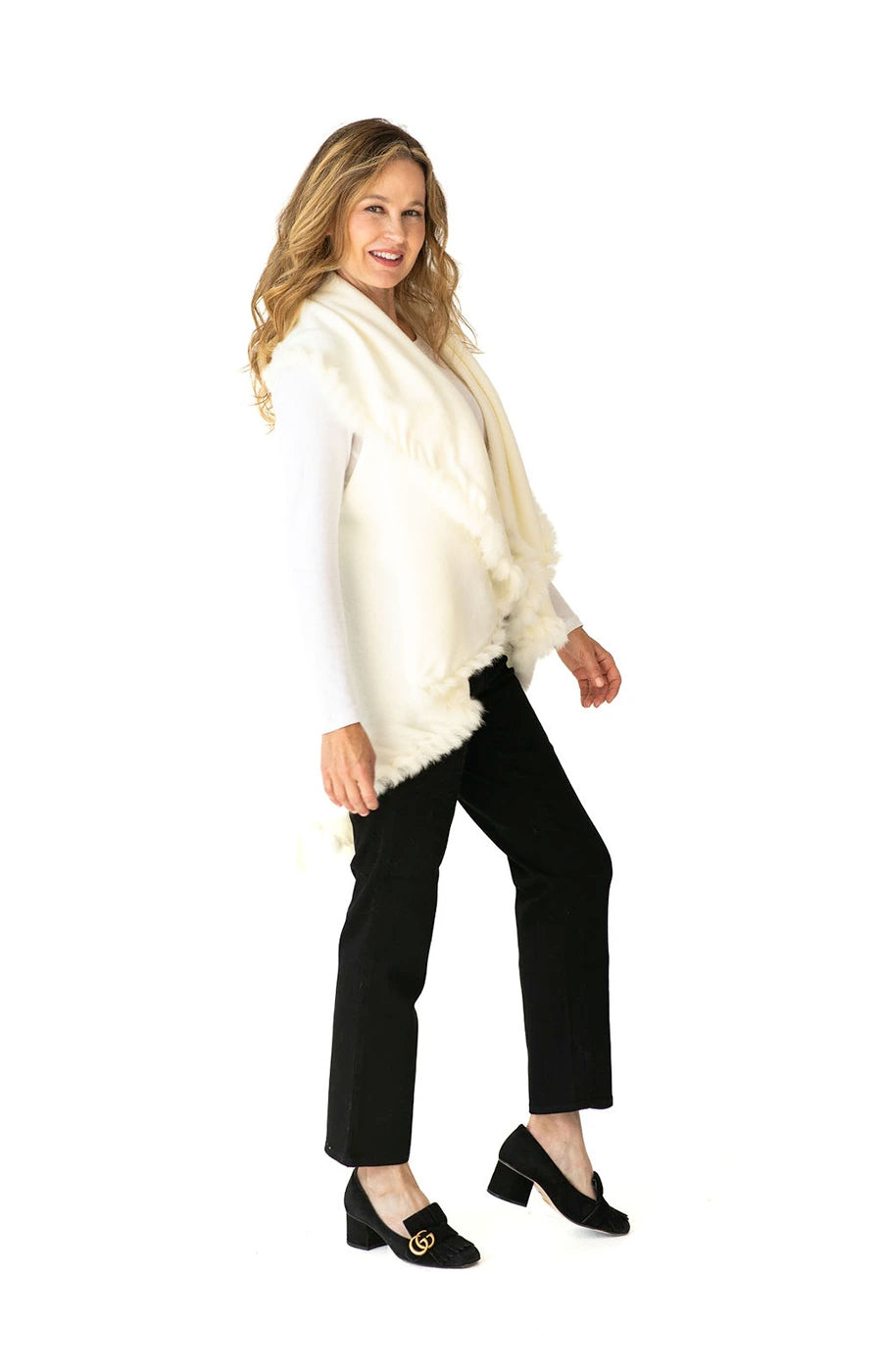 Shawl Sweater Vest in Cream with Fur Trim