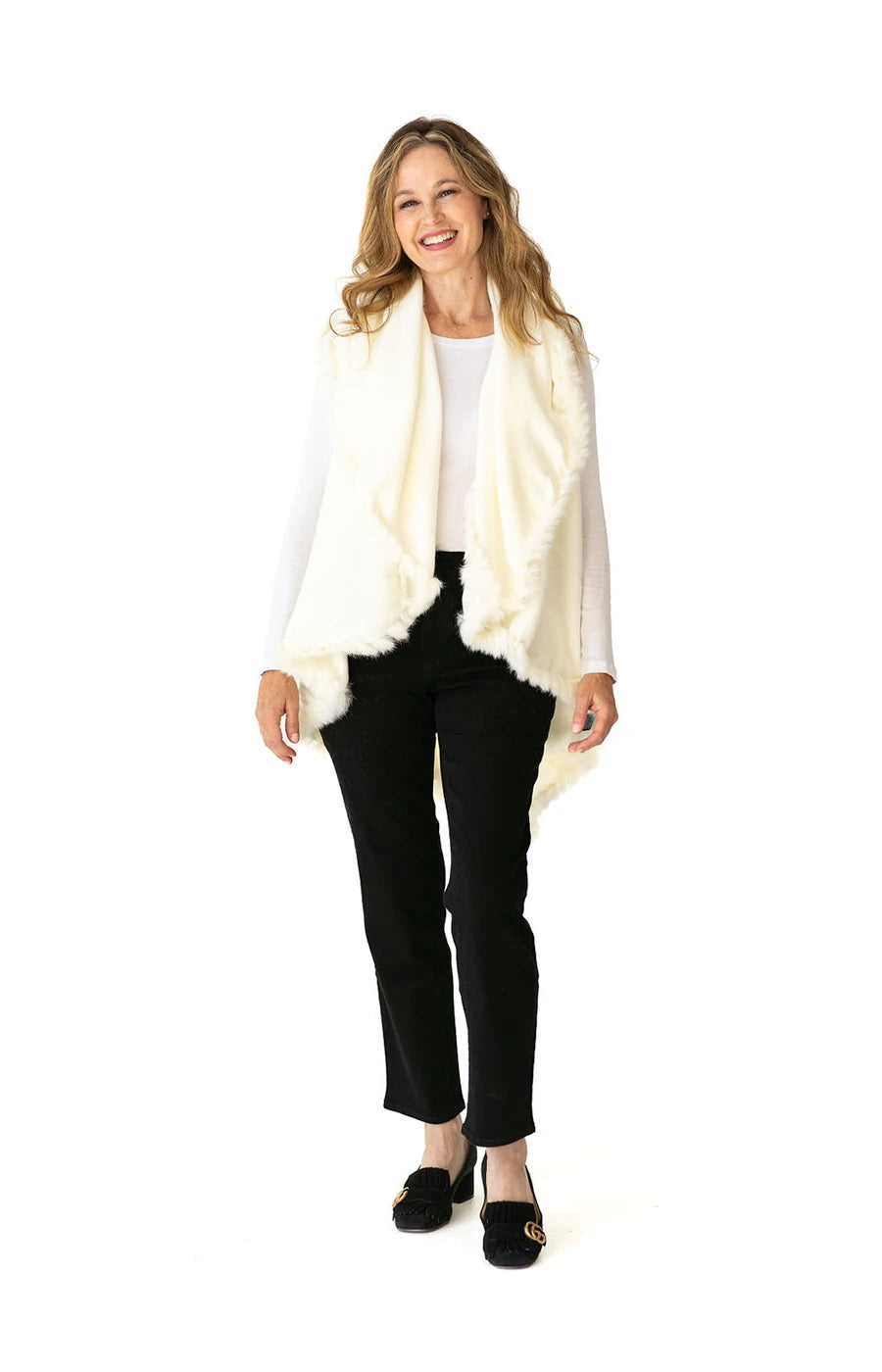 Shawl in Cream with Fur Trim