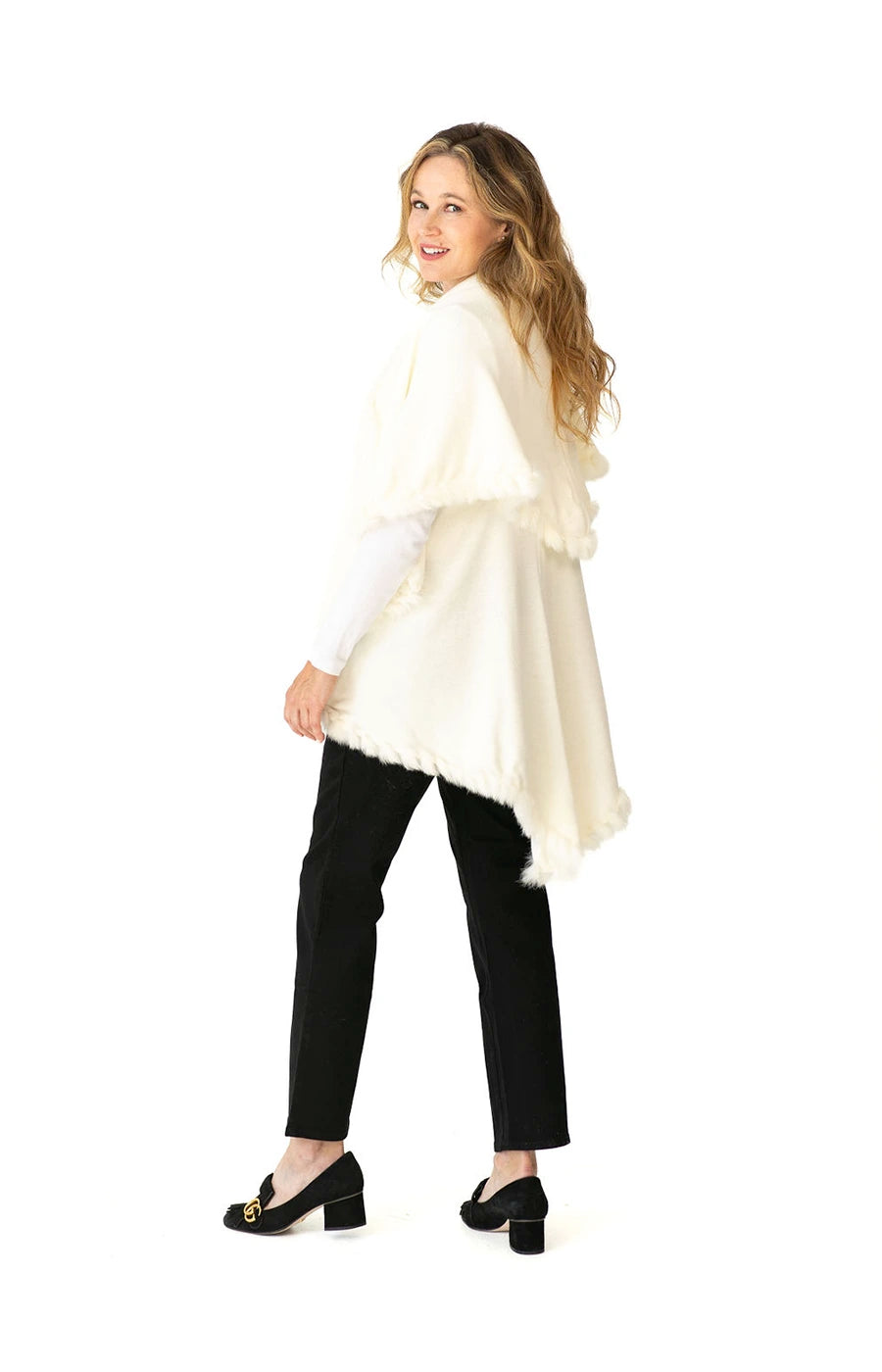 Shawl in Cream with Fur Trim