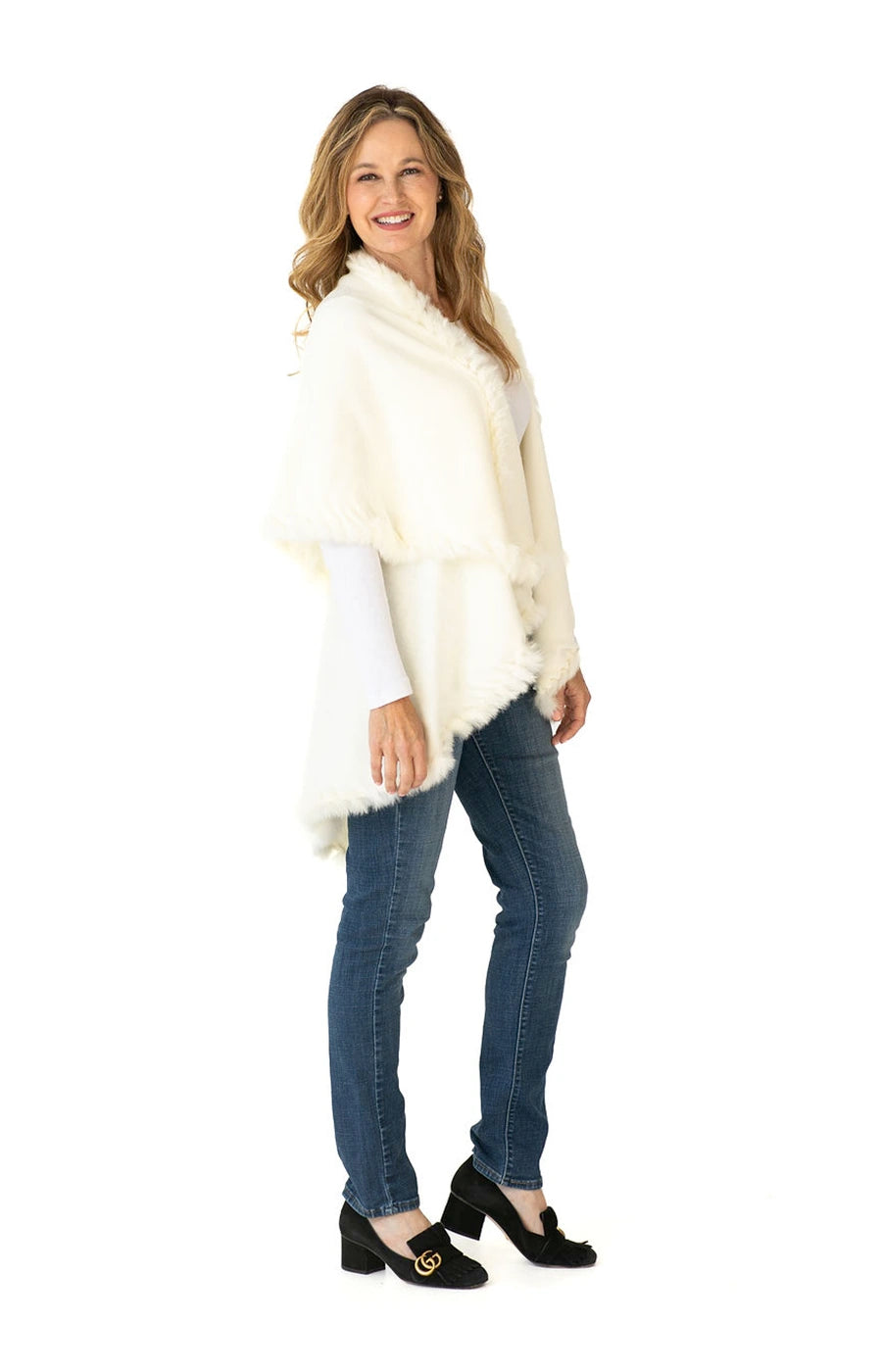 Shawl Sweater Vest in Cream with Fur Trim