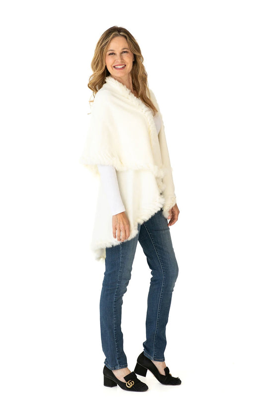 Shawl in Cream with Fur Trim