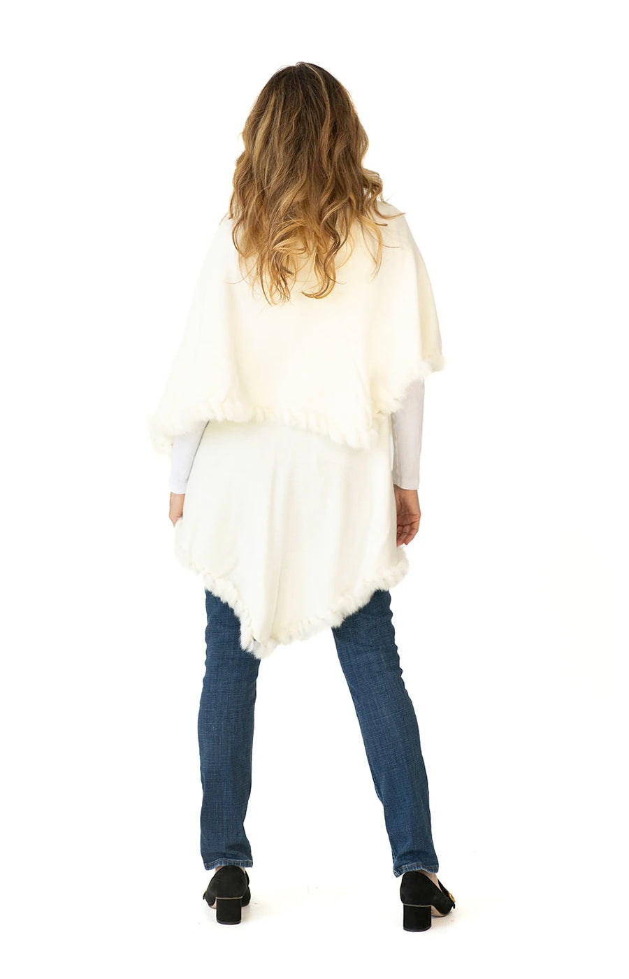 Shawl in Cream with Fur Trim