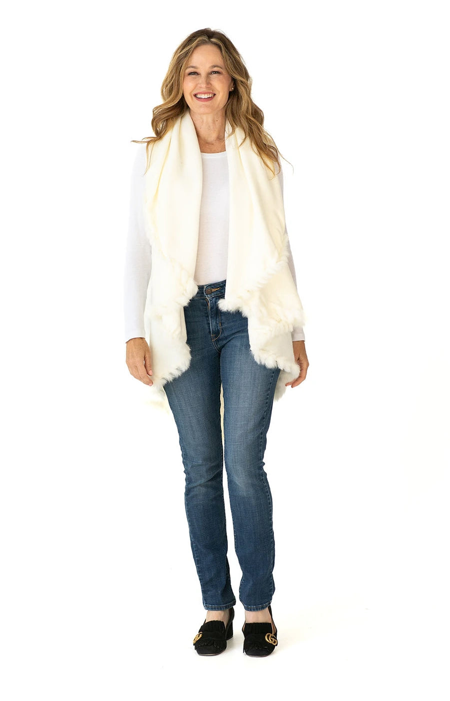 Shawl Sweater Vest in Cream with Fur Trim