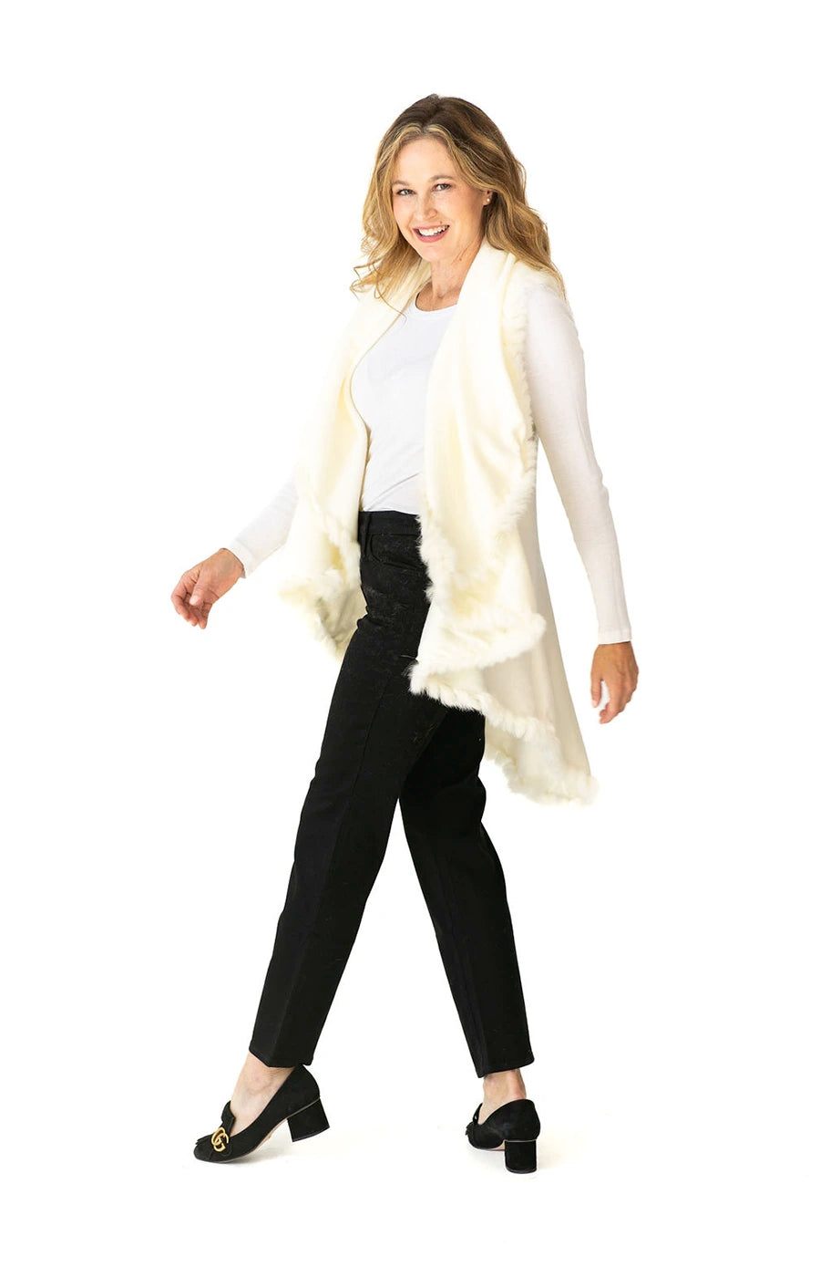 Shawl in Cream with Fur Trim