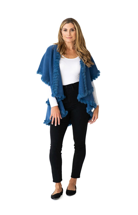 Shawl in Denim Blue with Fur Trim