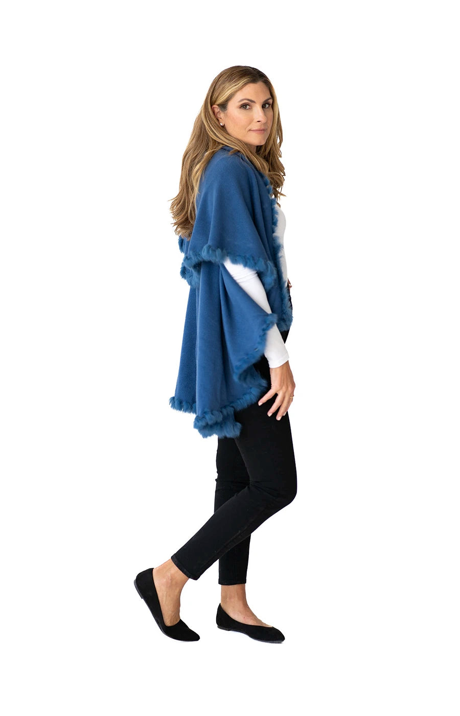 Shawl in Denim Blue with Fur Trim